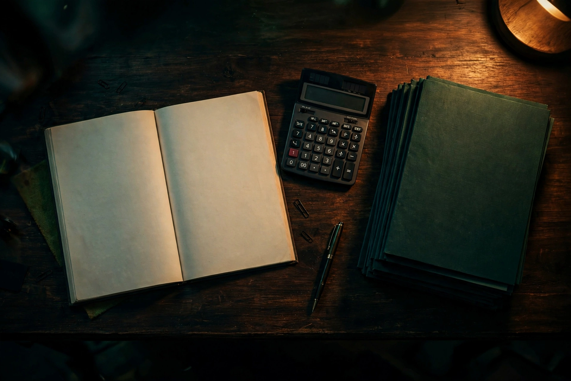 A ledger, calculator, and client folders on an accountant's desk