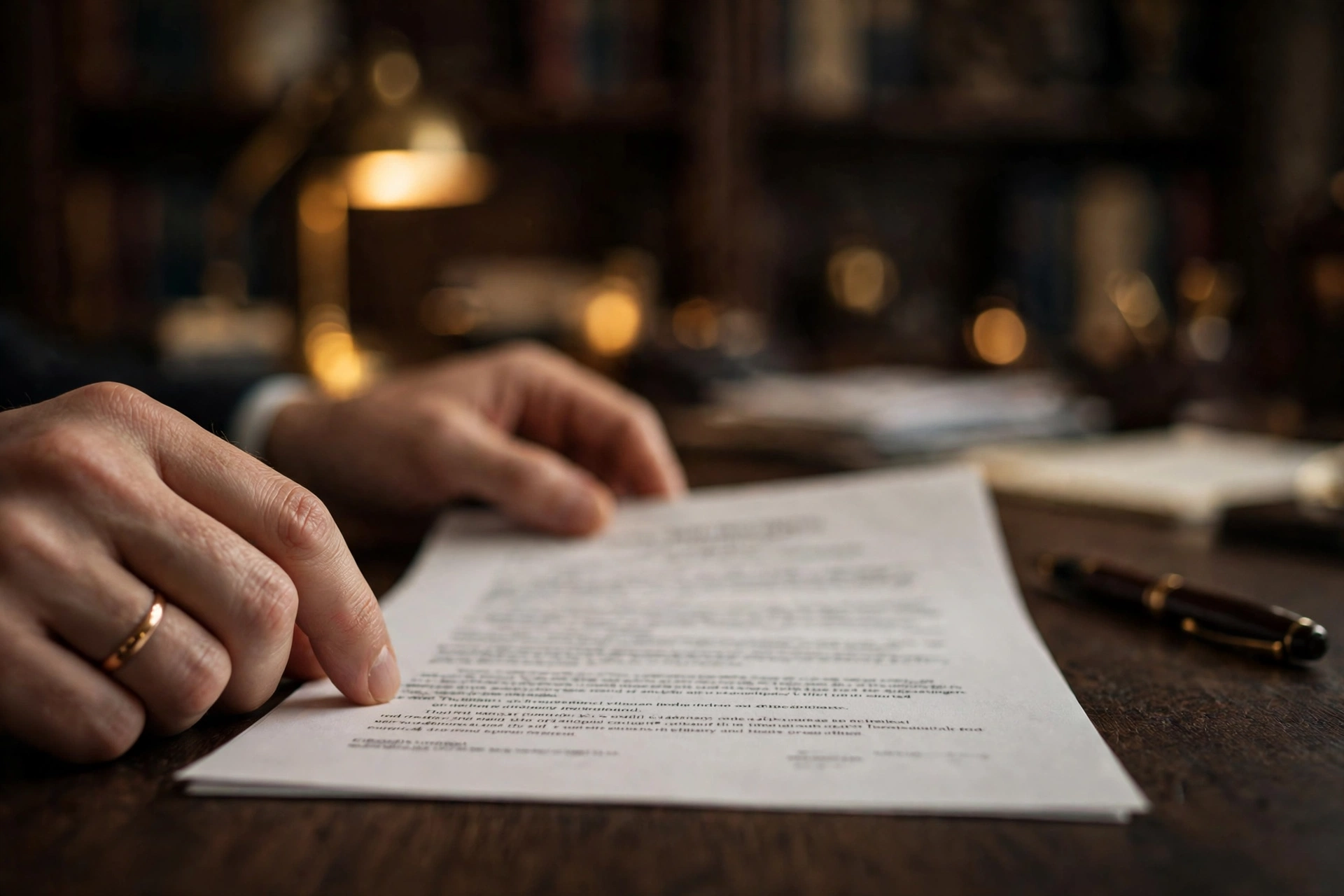 Hands reviewing a lease document on a dark wood desk