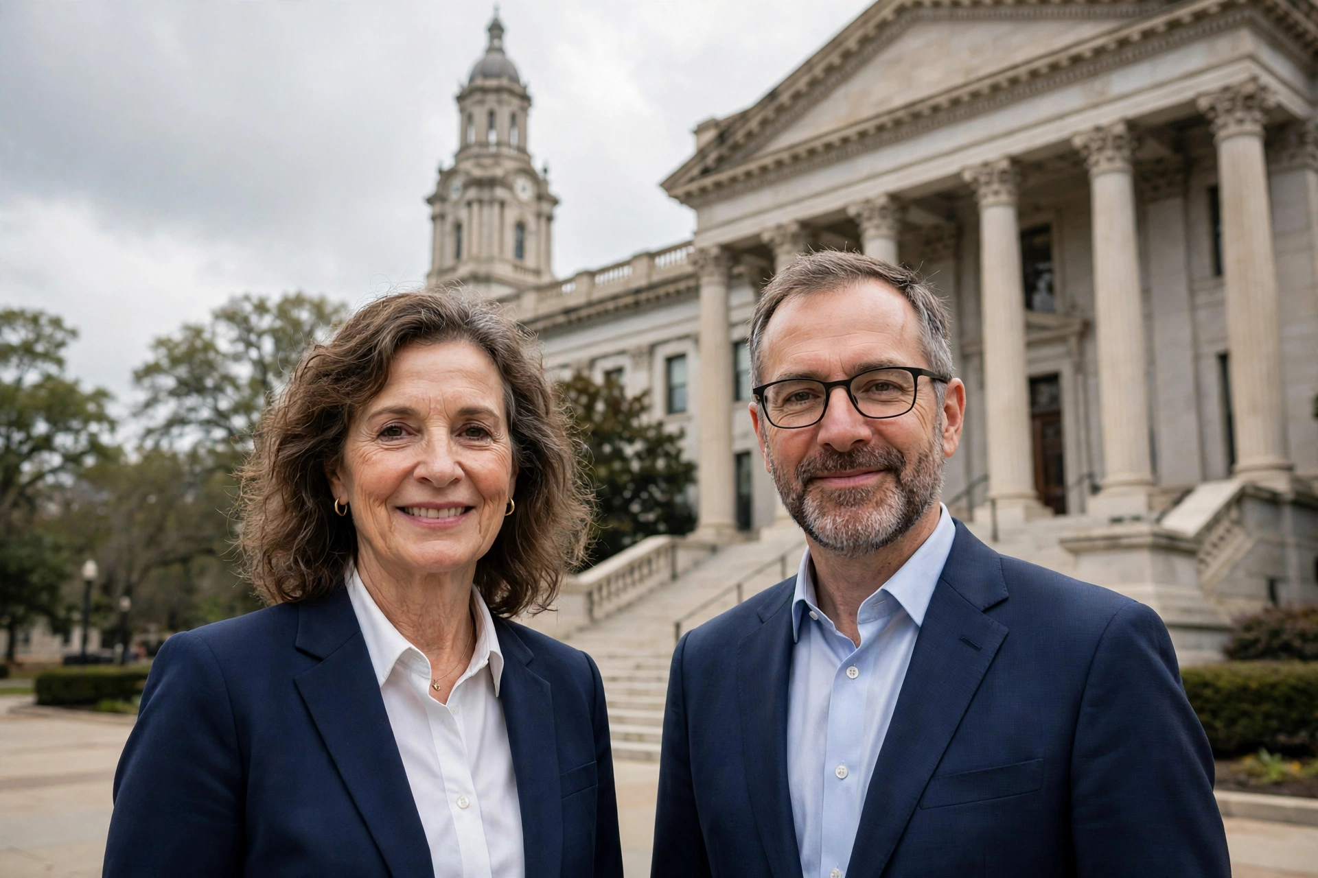 The two Hollis & Grant partners standing before a courthouse