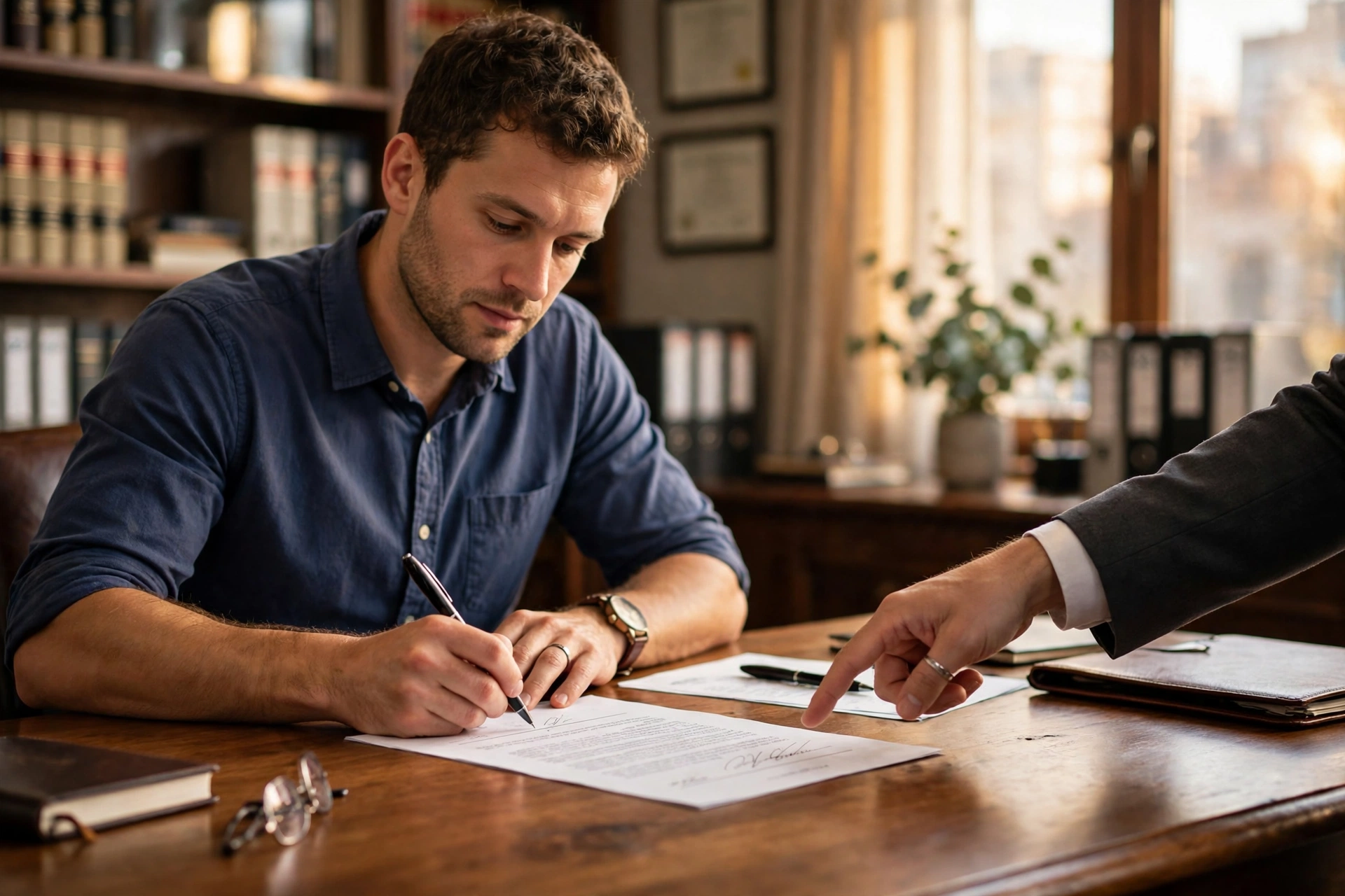 A business owner signing a contract while his attorney points to the signature line