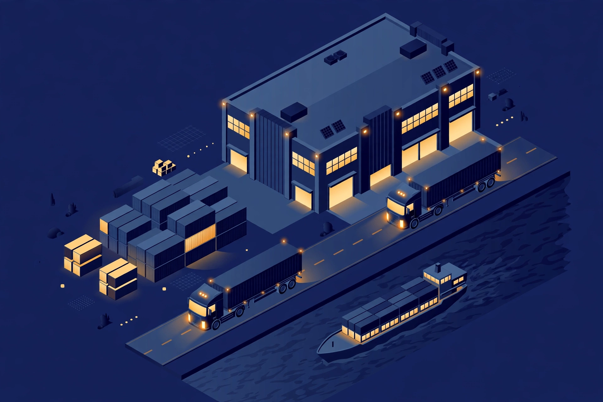 Isometric illustration of a Meridian warehouse with trucks and containers