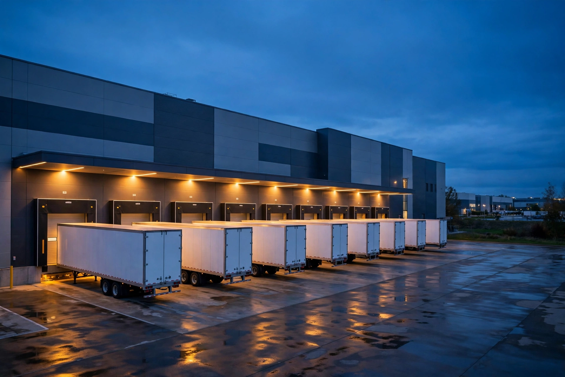 Steele Creek facility at dusk — trailers at the dock doors