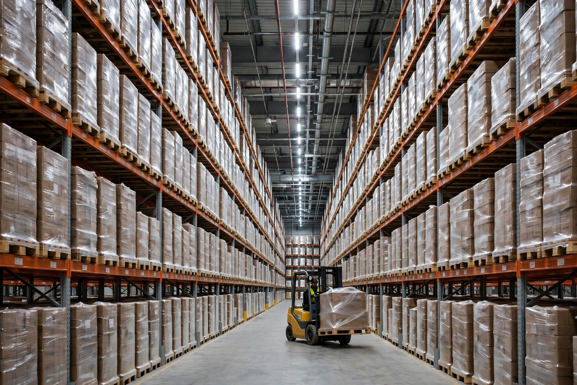 University City facility interior — racked aisles and a forklift moving a pallet