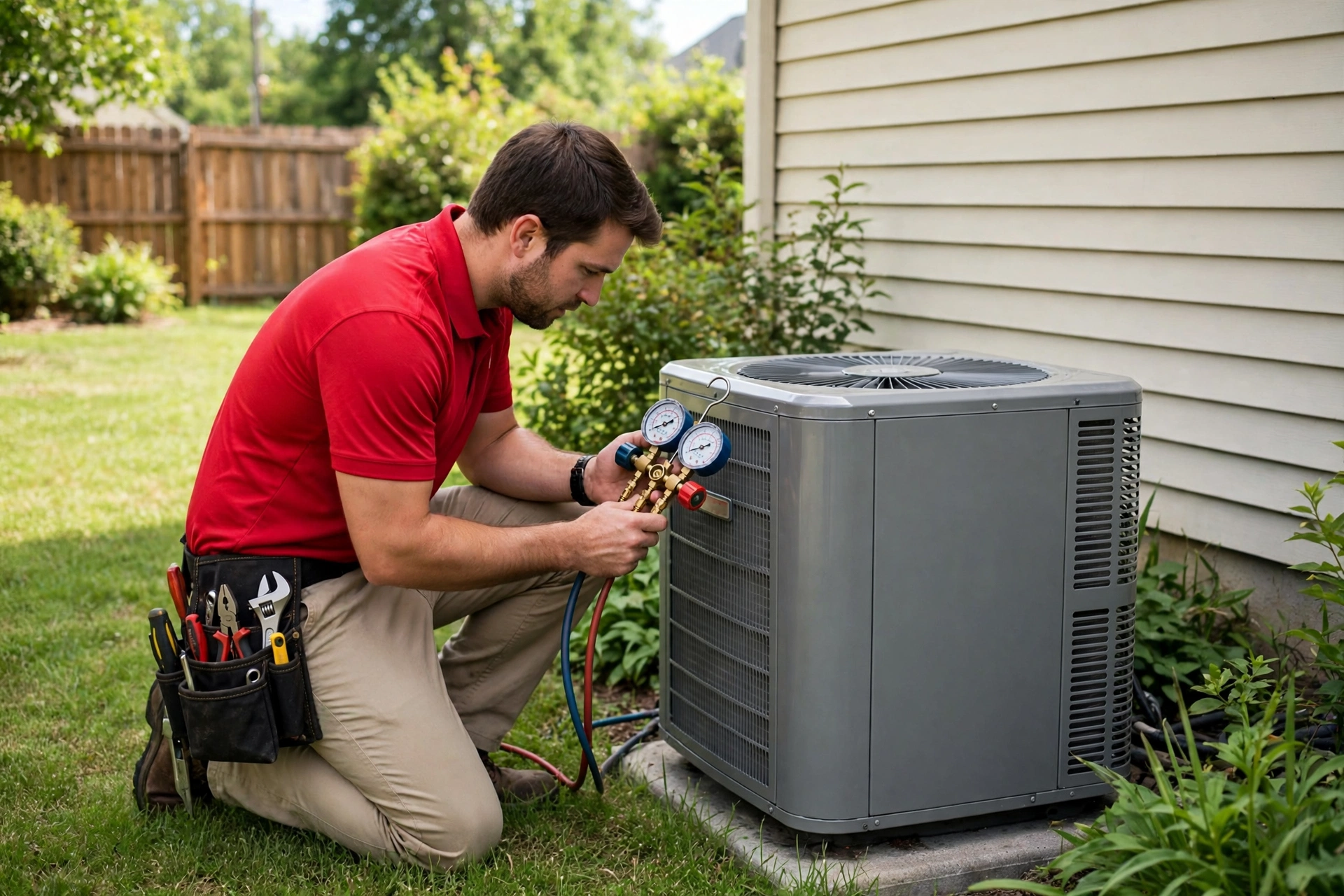 Redline technician checking an outdoor AC unit with gauges