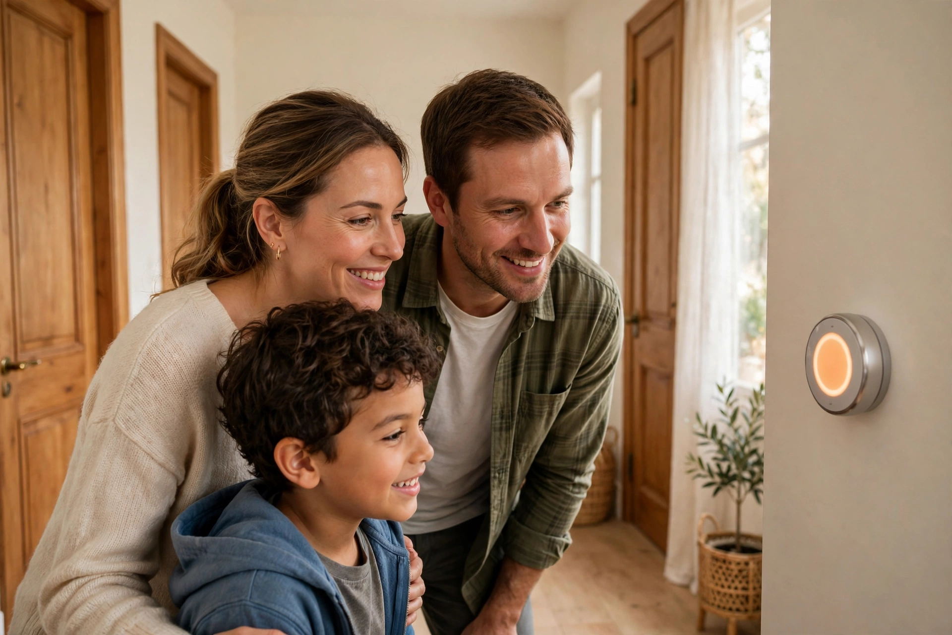 A family smiling at their new smart thermostat