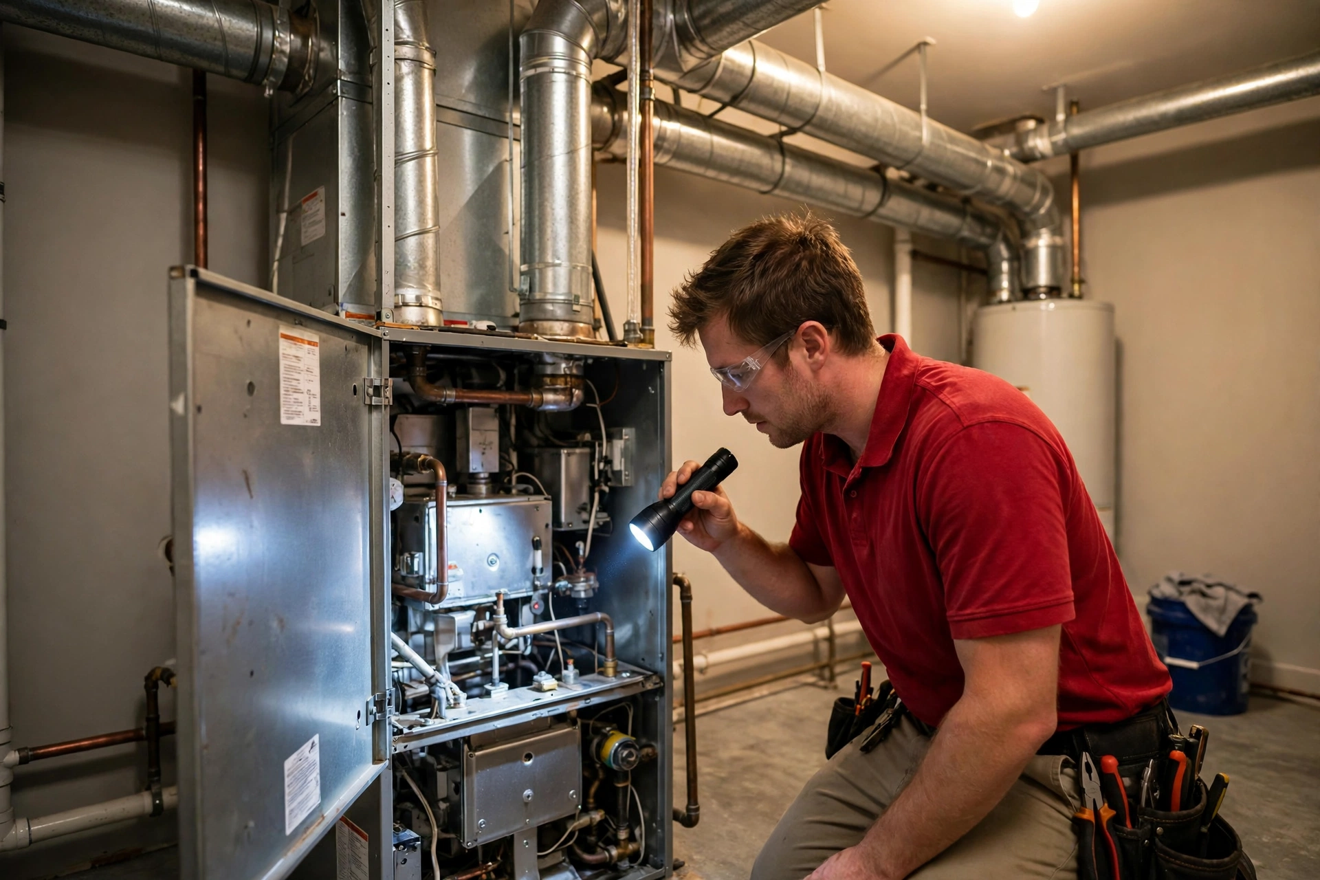 Redline technician inspecting a furnace with a flashlight