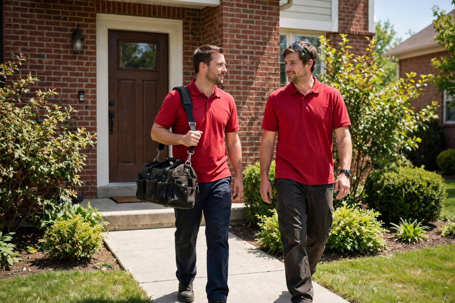 Two Redline technicians in red shirts arriving at a brick home
