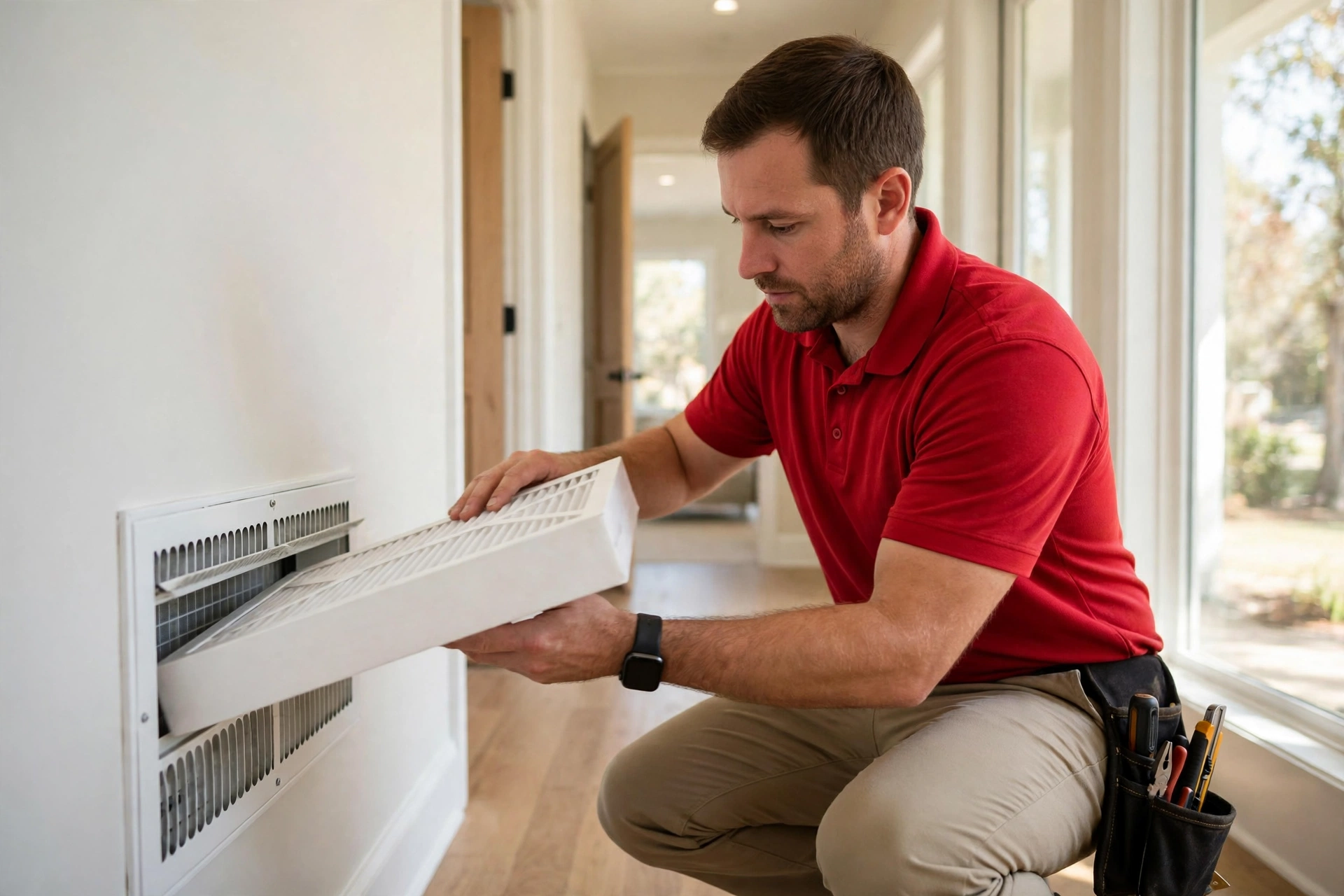 Redline technician sliding a clean filter into a return vent