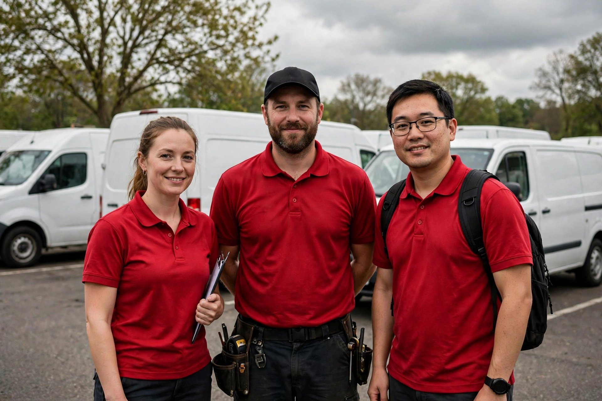The Redline crew in red shirts in front of the service vans