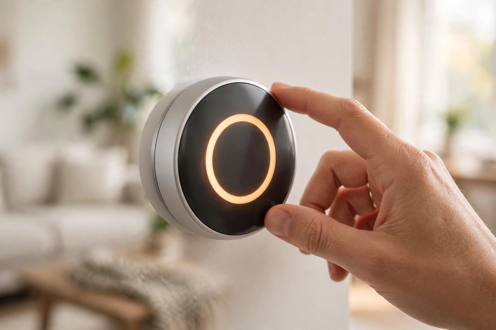 A hand adjusting a round smart thermostat