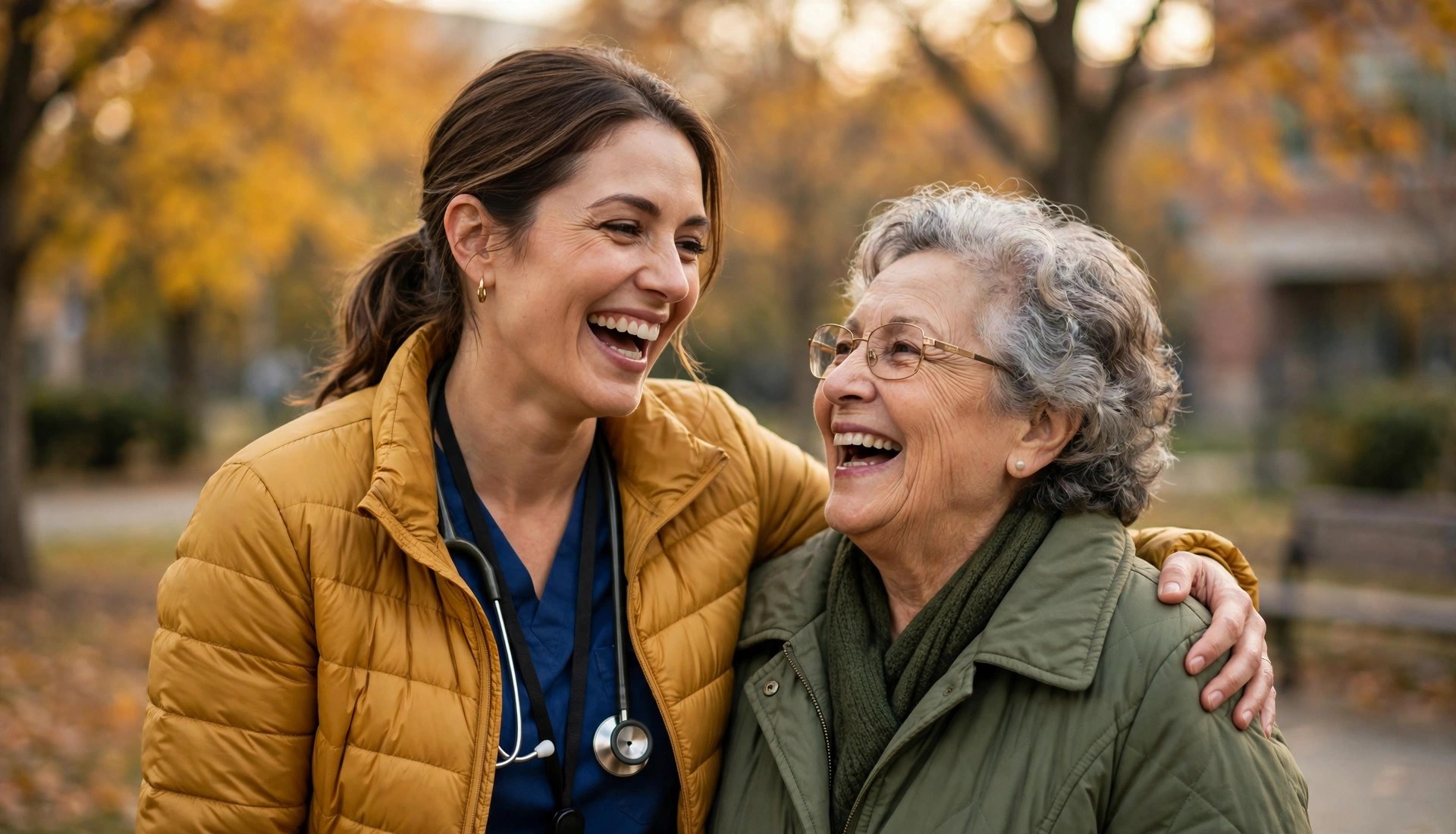 A Suncrest doctor laughing with an elderly patient outdoors