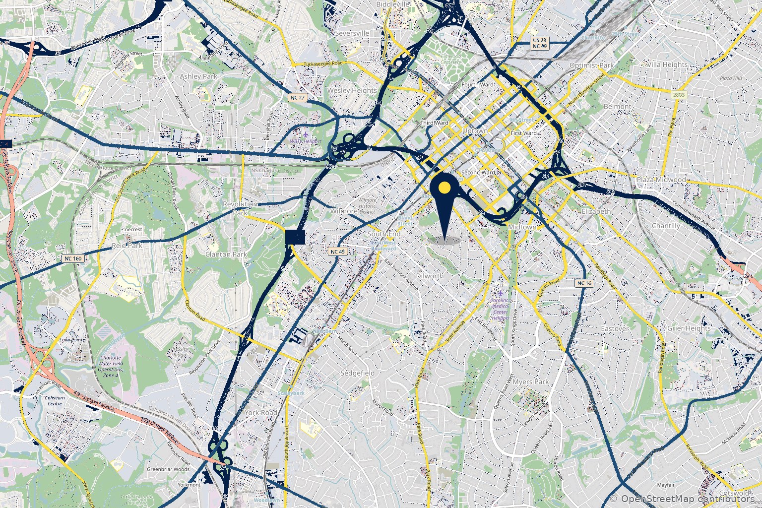 Illustrated map of the Park Road area of Charlotte, with the Suncrest Family Medicine location pinned